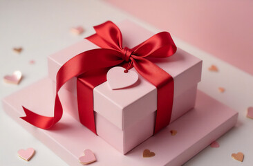 Obraz premium Wrapped pink gift box with a red ribbon and heart tag on a pink background. Valentine's Day Mockup