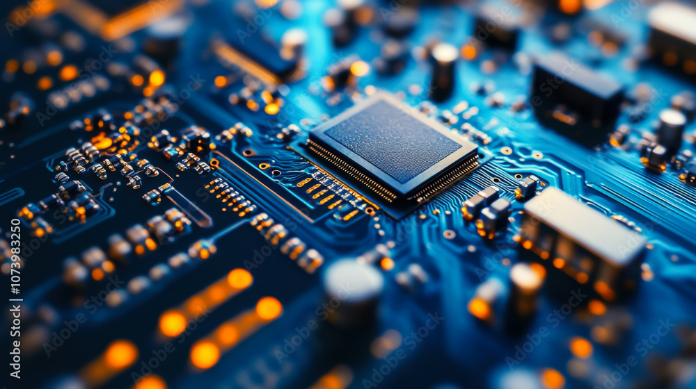 Poster close-up view of a modern microchip on a circuit board, showcasing intricate connections and electro