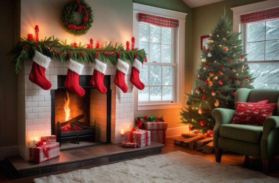 Christmas Stockings Hanging Over a Cozy Fireplace