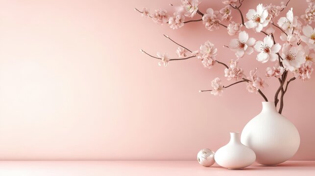 Elegant Chinese New Year decoration with cherry blossoms and vases set against a soft pink background
