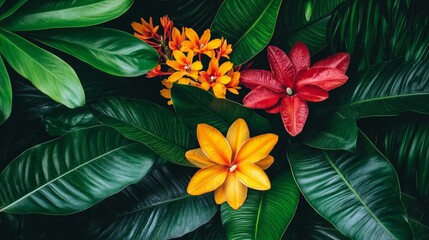 Tropical Floral Arrangement, a vibrant mix of colorful flowers and lush green leaves, perfect for enhancing backgrounds with a lively and inviting atmosphere.