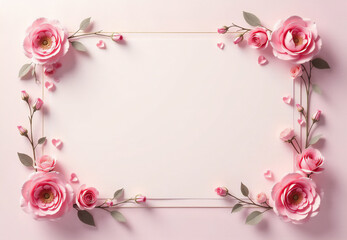 Delicate pink floral frame with hearts on light background for greeting or invitation design