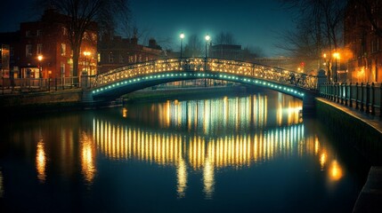 Illuminated Bridge at Night, showcasing vibrant city lights reflecting on calm waters, highlighting the elegance of urban architecture and nighttime serenity.