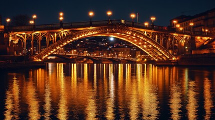 Fototapeta premium Illuminated Urban Bridge at Night, showcasing shimmering lights and reflections on water, celebrating the elegance and beauty of modern architecture in a vibrant city setting