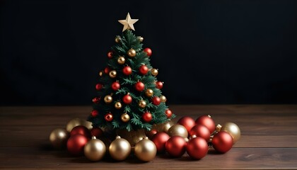 miniature xmas tree with red and gold baubles, sitting on a wooden table, isolated against a pitch-black background create with ai