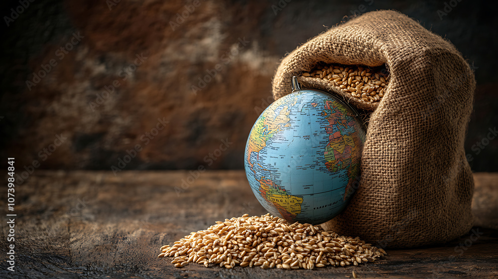 Aufkleber depiction of a sack of wheat beside a globe, illustrating the global food crisis related to export a