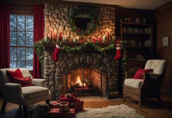 Christmas Stockings Hanging Over a Super Cozy Fireplace