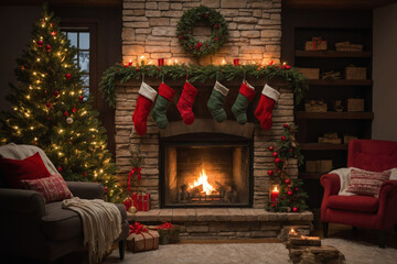 Christmas Stockings Hanging Over a Super Cozy Fireplace