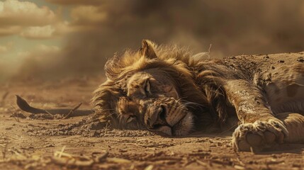 Naklejka premium A lion is laying down in the desert