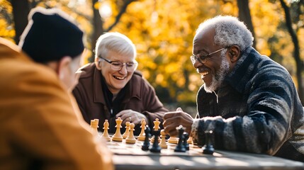 A group of seniors laughing  playing chess in a park
