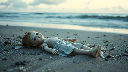 Cast Away Broken Doll Washed up on a Beach