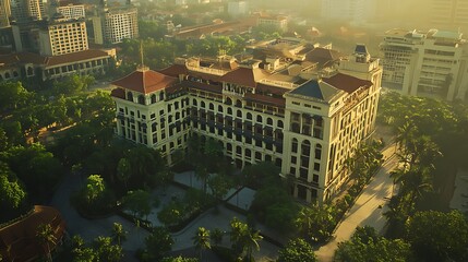 Majestic Hotel Building Towering in City Evening Glow photo