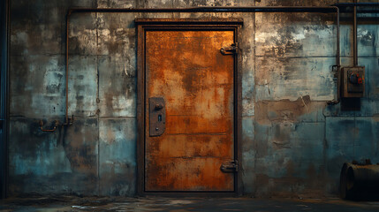 Rusty sci-fi door in a dimly lit industrial setting