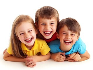 A happy family with two children laughing together on a white background
