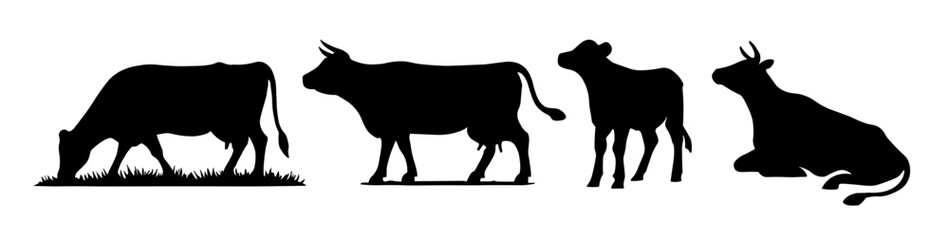 Dairy farm cow vector silhouette icon. Beef cattle cow animal farmer isolated illustration.