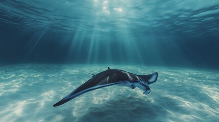 Obraz premium Majestic Manta Ray Glides Gracefully Across Deep Ocean Waters photo