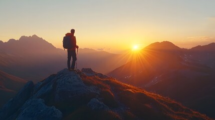 A hiker standing on a mountain peak watching the sunrise