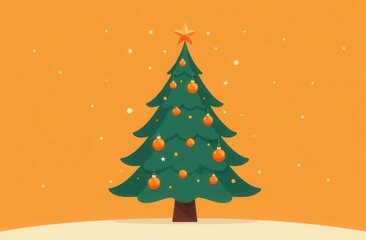 Obraz premium A cartoon-style Christmas tree decorated with orange ornaments and a golden star on top, set against a warm orange background with light snowfall, ideal for adding holiday greetings.