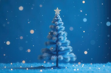 A beautifully stylized Christmas tree in frosty blue tones, adorned with a glowing star topper, set against a twinkling blue background filled with soft lights and sparkles, providing space for text.