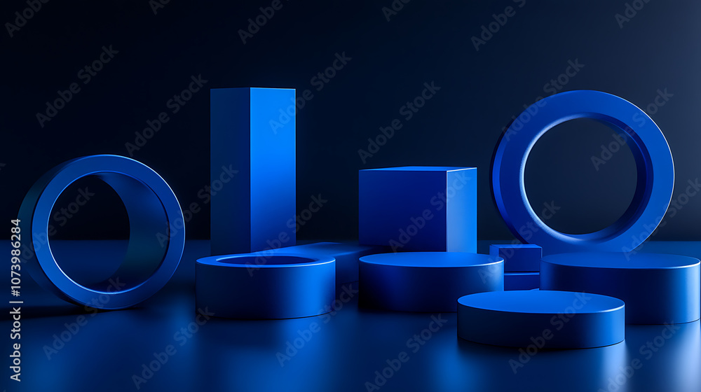 Aufkleber Abstract blue geometric shapes on dark background futuristic 3d design 3d render