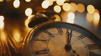 Vintage Pocket Watch with Roman Numerals on a Reflective Surface with Bokeh Lights Background.