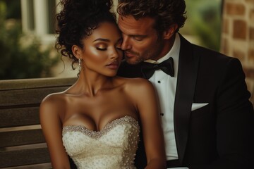 Black Woman and White Man on Their Wedding Day  Embracing While Sitting on a Bench, Bridal Shoot