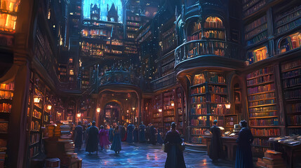 Obraz premium A bustling city of magic was dominated by a magnificent library filled with arcane books. Arcane. Illustration