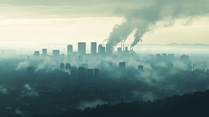 Generating greenhouse gases and CO2 pollution in an urban city outline concept, showing polluted air from burning fossil fuels, power manufacturing, transportation exhaust, and agriculture