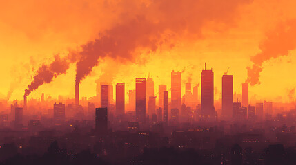 Fototapeta premium Generating greenhouse gases and CO2 pollution in an urban city outline concept, showing polluted air from burning fossil fuels, power manufacturing, transportation exhaust, and agriculture
