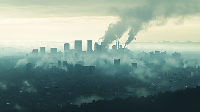 Generating greenhouse gases and CO2 pollution in an urban city outline concept, showing polluted air from burning fossil fuels, power manufacturing, transportation exhaust, and agriculture