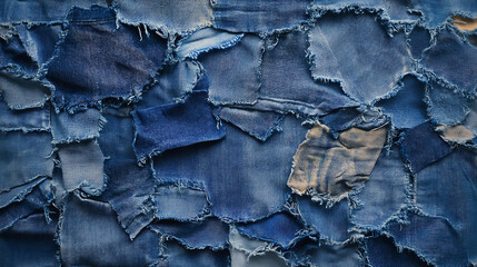 Fototapeta premium Frame of denim blue jeans fabric with ripped details, Recycled old jeans denim piece showcasing a seam fragment