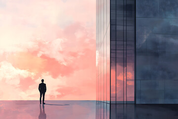 Fototapeta premium Transcendent Pink Sky with Silhouette of Businessman Near Modern Building at Dusk