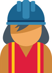 Simple icon of a female construction worker wearing a blue hard hat and red safety vest