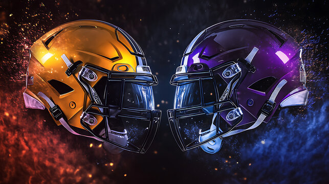 American football helmets clashing in championship match sports poster with hud overlays