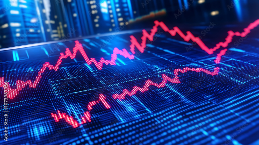 Poster arrows pointing up and down on blue background with stock market graph