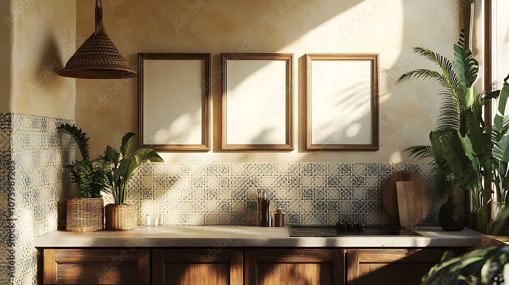Poster boho kitchen frame mockup set three empty poster or photo frames on a wall in a stylish bohemian kit