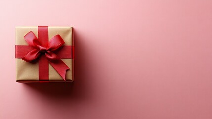 Elegant gift box wrapped in gold paper and adorned with a vibrant red ribbon rests on a pink background. the minimalist and chic design is ideal for celebrating birthdays, anniversaries, and special