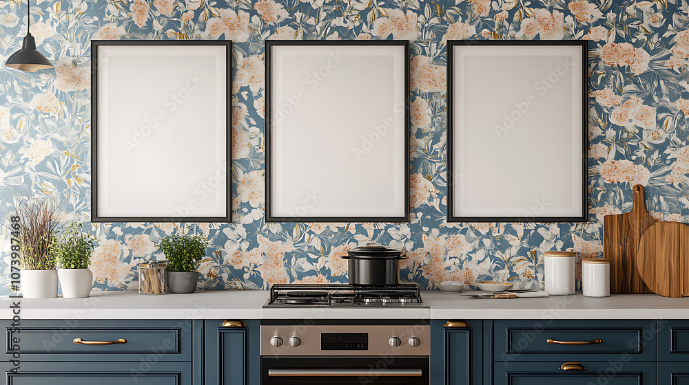 Aufkleber boho kitchen frame mockup set three empty poster or photo frames on a wall in a stylish bohemian kit