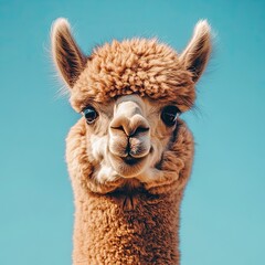 Fototapeta premium Smilling alpaca on blue background, close-up, space for text