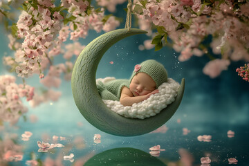 A peaceful sleeping baby nestled in a crescent moon surrounded by blooming flowers