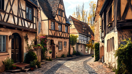 Fototapeta premium Charming medieval village illustration with halftimbered houses and cobblestone streets digital painting