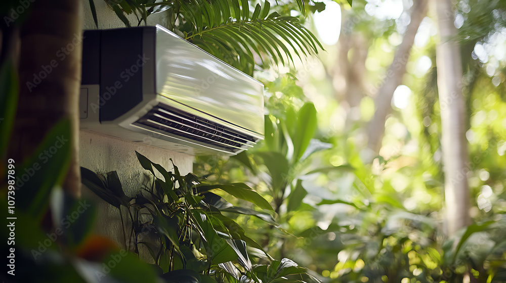 Aufkleber closeup of a ductless split air conditioner unit installed in a lush garden setting modern hvac tech