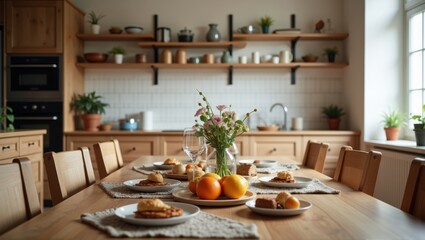 Cozy modern kitchen interior with wooden table set for meal, natural light, plants, and decorative elements. Generative, AI,