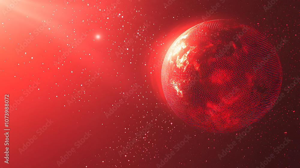 Poster red background, red gradient with dots in the shape of planet earth, technology style