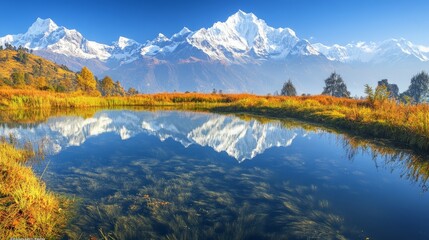 Fototapeta premium Alpine Serenity, a breathtaking alpine lake mirrors the majestic snow-capped Himalayas, embodying the tranquility and beauty of untouched nature.