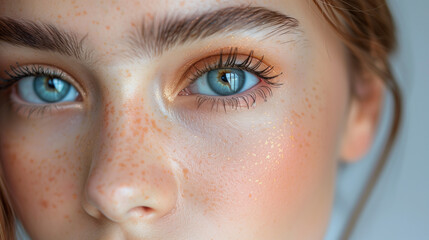 Obraz premium Close-up portrait of a beautiful young girl looking into the camera. Concept of cosmetics, makeup, eco-treatment, skin care.