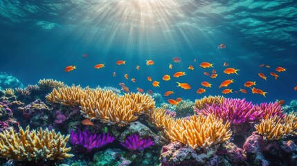 Fototapeta premium Vibrant underwater scene featuring colorful corals and schools of fish in a serene ocean environment.