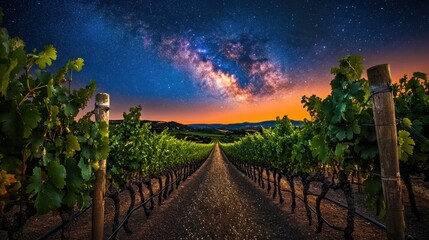Fototapeta premium A stunning view of a vineyard at dusk, with the Milky Way arching over the horizon, creating a magical atmosphere.