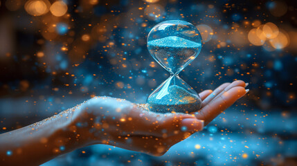 hand holding an hourglass of blue sand. The concept of time passing away.