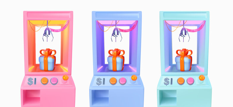 Slot machine elevator machine for getting toys, gifts and prizes. Set of 3 bright neon grab machines. 3d realistic illustration. Vector
